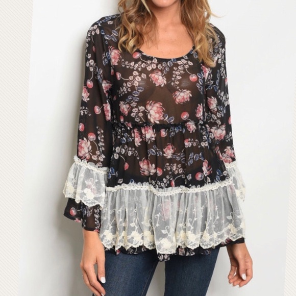 Chase floral chiffon Peplum lace empire waist top - Picture 1 of 8